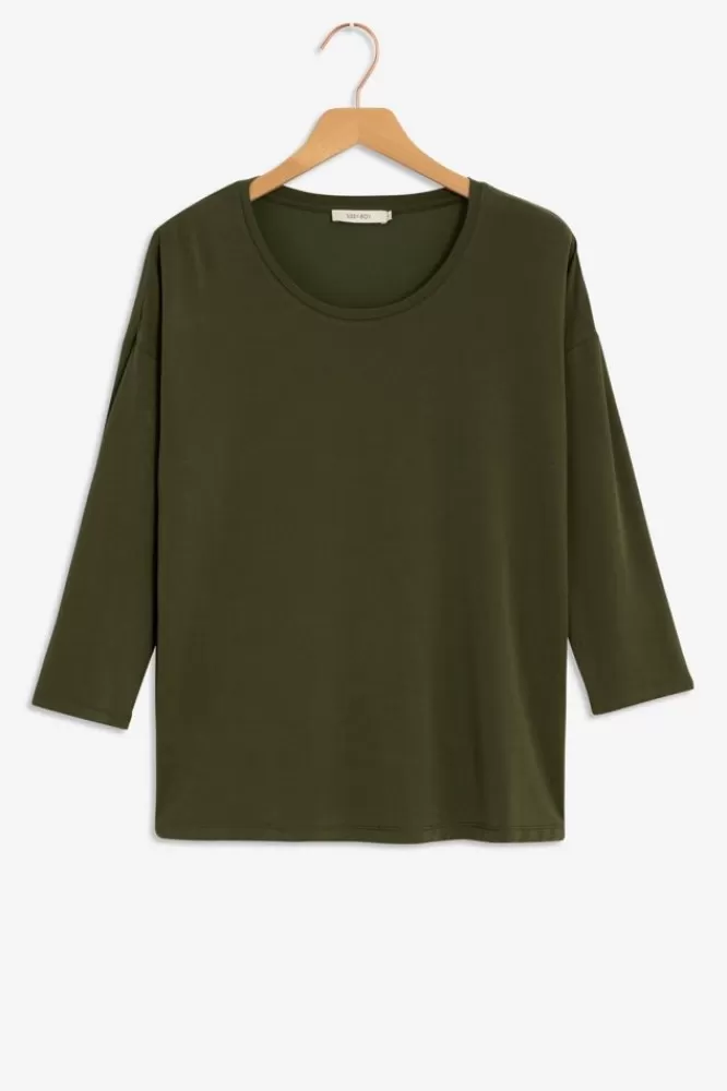 Dames T-Shirts En Tops-DonkergroenJerseyT-ShirtMetDriekwartMouwen