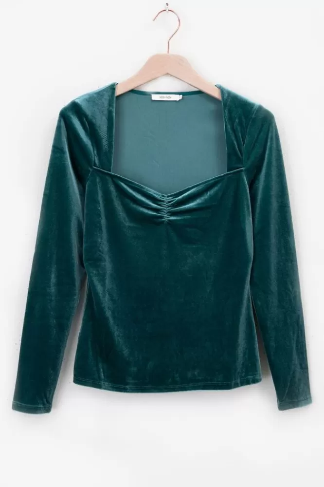 Dames T-Shirts En Tops-DonkergroeneVelvetTopMetHartvormigeHalslijn