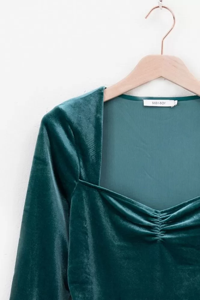 Dames T-Shirts En Tops-DonkergroeneVelvetTopMetHartvormigeHalslijn