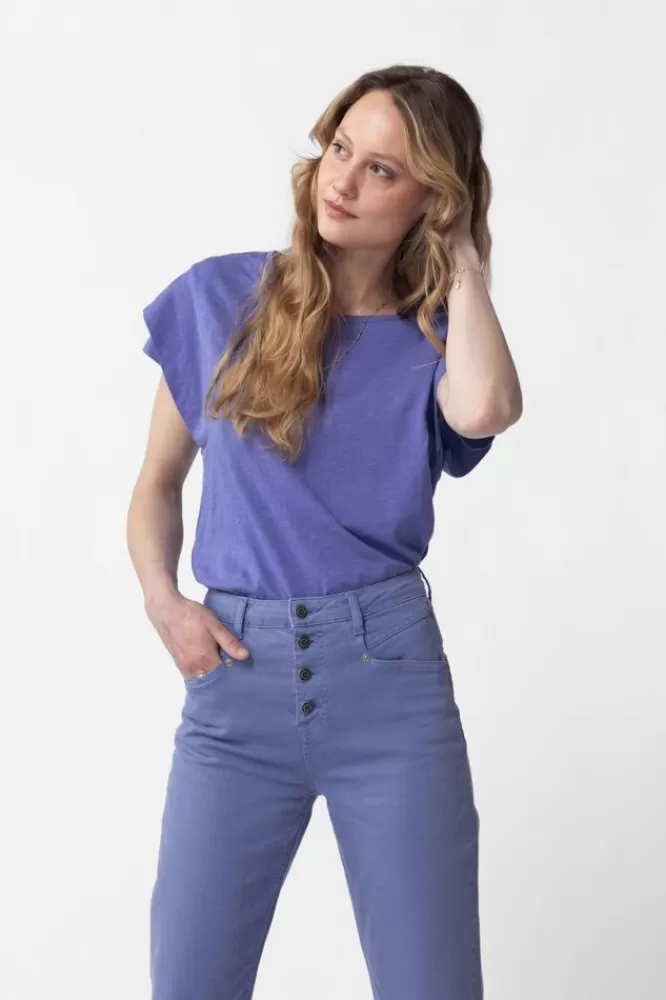 Dames T-Shirts En Tops-DonkerpaarsT-ShirtMetDubbeleMouw