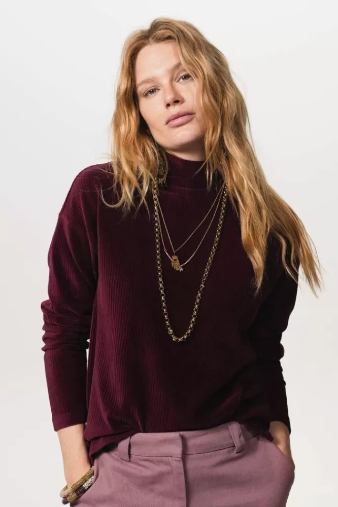 Dames T-Shirts En Tops-DonkerpaarseRibVelvetLongsleeve