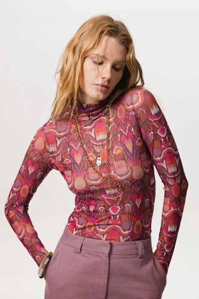 Dames T-Shirts En Tops-DonkerrodeMeshTopMetPrint