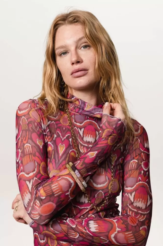 Dames T-Shirts En Tops-DonkerrodeMeshTopMetPrint