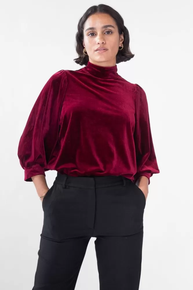 Dames T-Shirts En Tops-DonkerrodeVelvetTopNetPofmouwen