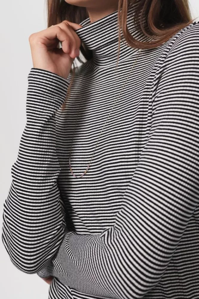 Dames T-Shirts En Tops-GestreepteRibLongsleeveMetCol