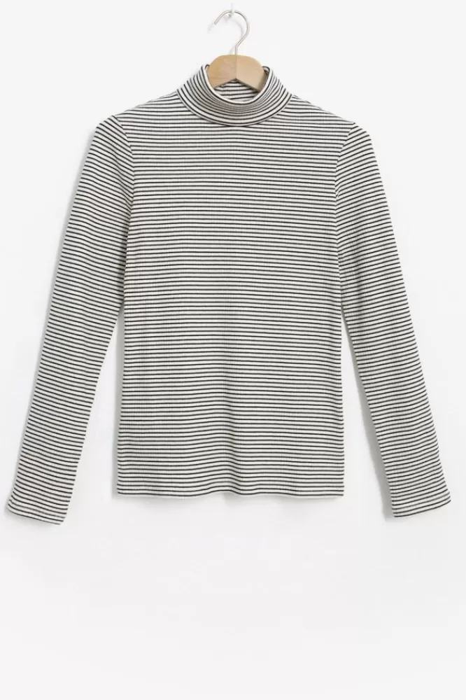 Dames T-Shirts En Tops-GestreepteRibLongsleeveMetTurtleNeck