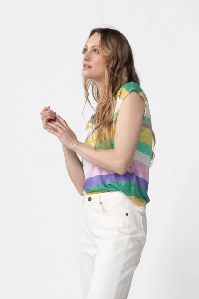 Dames T-Shirts En Tops-GroeneGestreepteLinnenTop