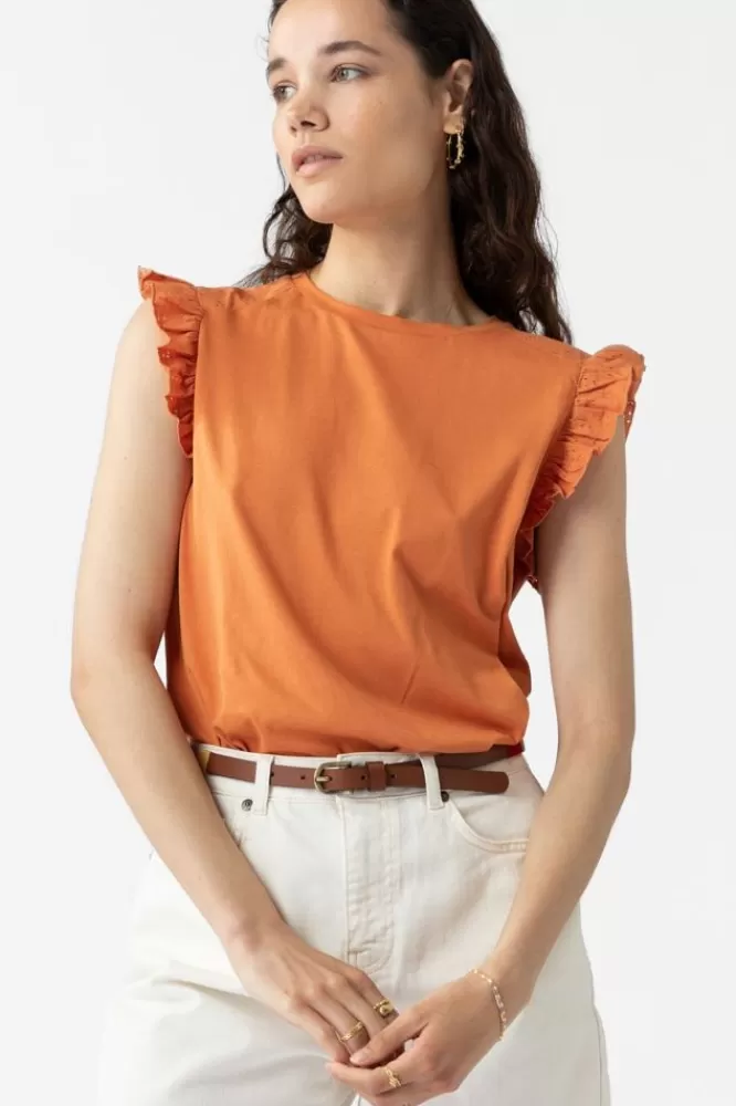 Dames T-Shirts En Tops-KatoenenTopMetAjourDetailsEnRuffles