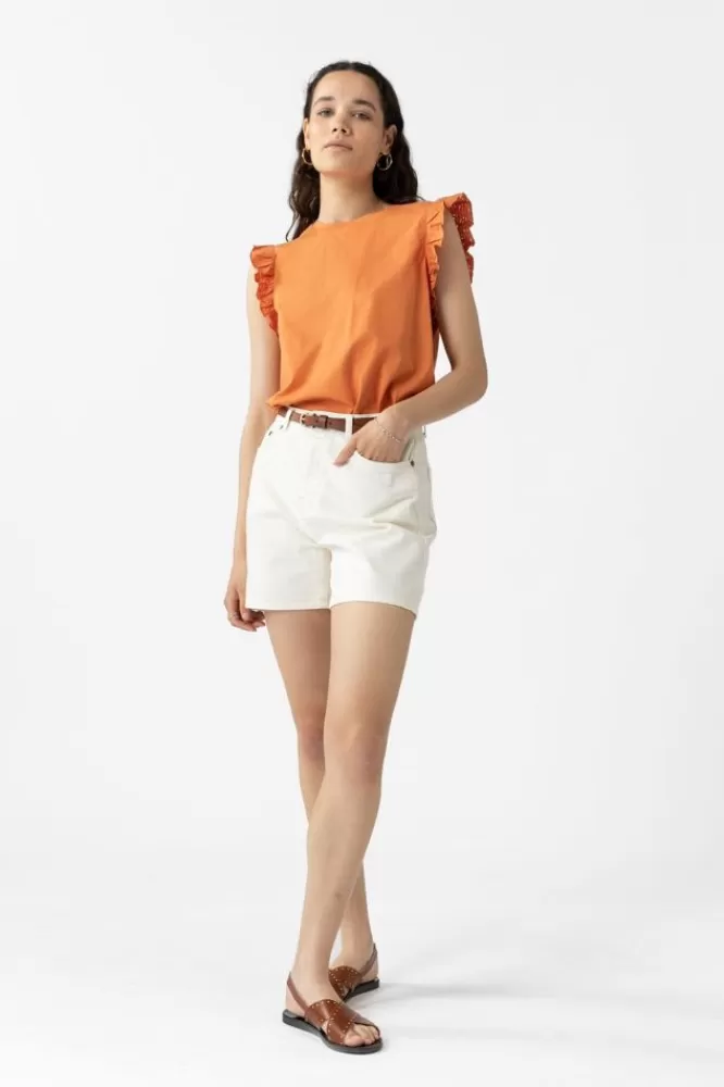 Dames T-Shirts En Tops-KatoenenTopMetAjourDetailsEnRuffles