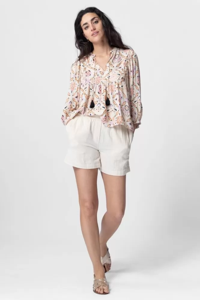 Dames T-Shirts En Tops-LichtgrijzeTopMetIkatPrint