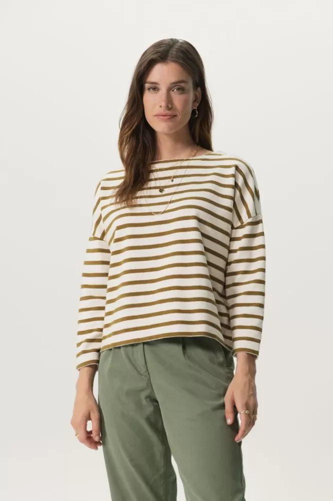 Dames T-Shirts En Tops-WitT-ShirtMetMosterdGroeneStrepen
