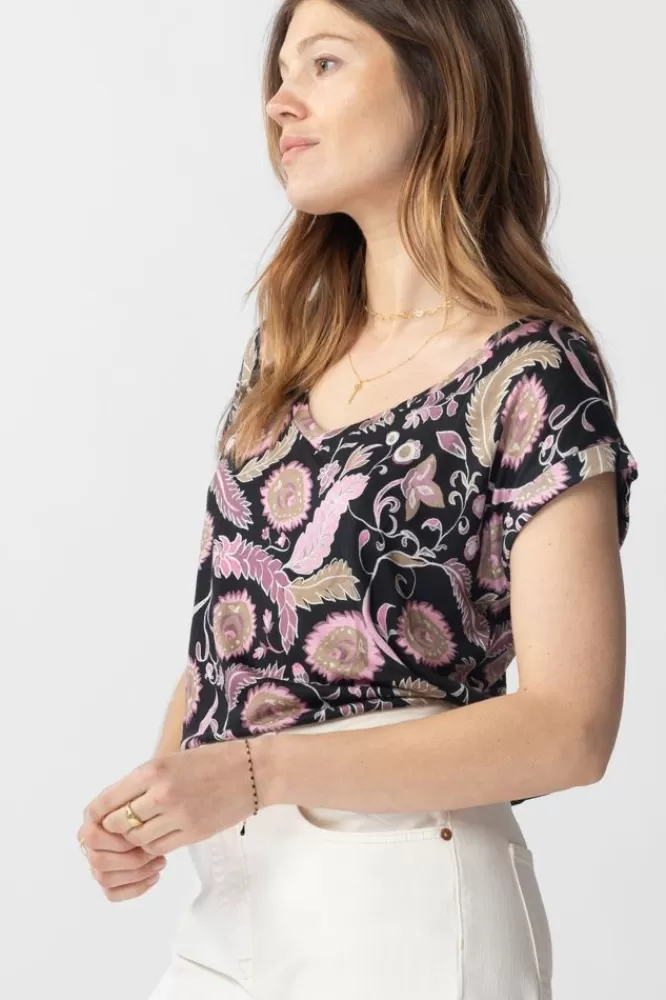 Dames T-Shirts En Tops-ZwarteTopMetPaarseBloemenprint